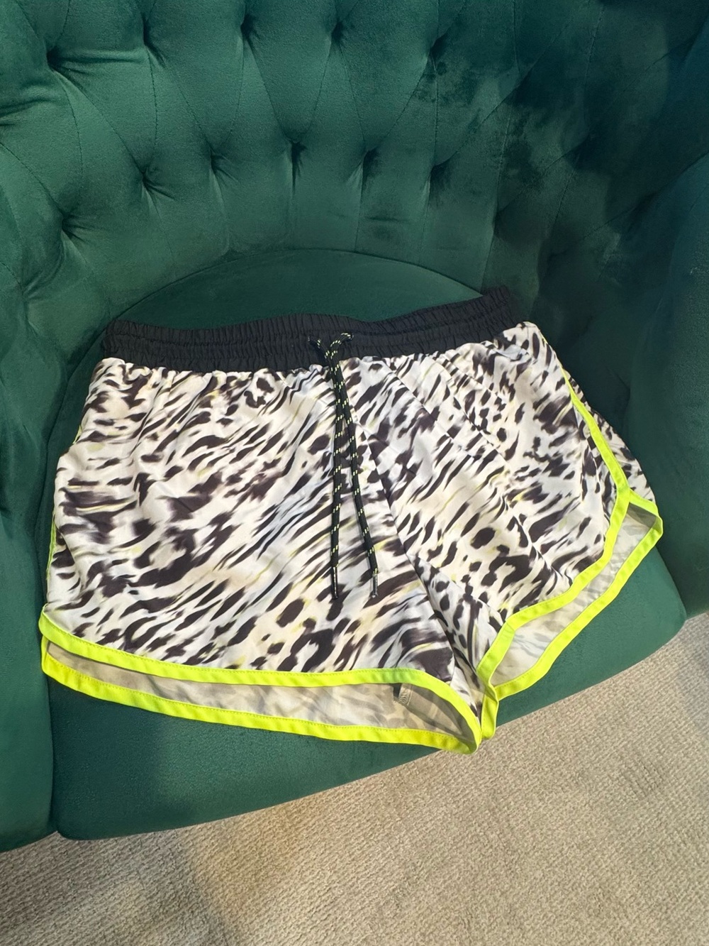 Forever 21 Black-and-White Animal Print Athletic Shorts with Neon Yellow Trim